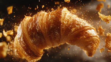A stunning close-up of a crumbled croissant suspended in mid-air, showcasing its golden layers and flaky texture. Perfect for food photography enthusiasts.の素材
