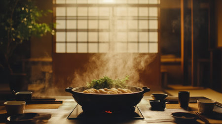 This beautifully arranged shabu shabu hotpot emits steam, creating a warm and inviting dining atmosphere. Ideal for showcasing Asian culinary traditions, perfect for food-related themes.の素材