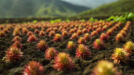 A close-up view of rambutan saplings being planted in rich soil by a farmer, showcasing the vibrant colors and textures of this tropical fruit.の素材