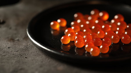 A close-up view of vibrant salmon roe placed on a dark plate, showcasing its glossy texture and rich orange hue, perfect for gourmet sushi dishes.の素材