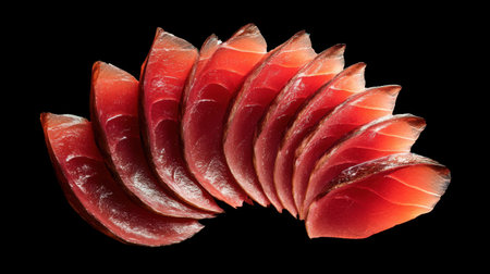 Beautifully arranged slices of fresh tuna sashimi set against a striking black background. Ideal for culinary presentations, menus, or food blogs.の素材