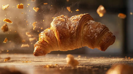 A beautifully captured image of a freshly baked crispy croissant, featuring its flaky texture and crumbling bits, perfect for culinary inspiration.の素材