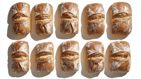 A collection of freshly baked rustic bread loaves, showcasing a crusty exterior and soft interior. Perfect for culinary themes, bread-making, and rustic dining concepts.の素材