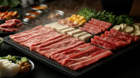 A vibrant array of fresh ingredients for a hotpot meal, featuring sliced meats, vegetables, and tofu. Perfect for sharing and enjoying with friends and family.の素材