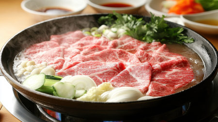 Experience the joy of a delicious Japanese hotpot, featuring thinly sliced meat and fresh vegetables. Perfect for gatherings and cozy meals.の素材