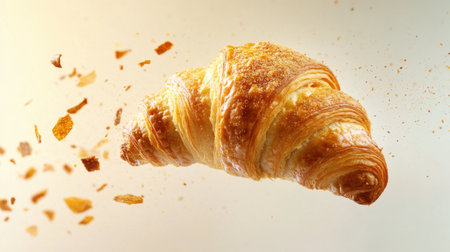 A stunning image of a croissant flying through the air, surrounded by golden flakes and crumbs, showcasing its flaky texture and fresh appeal. Perfect for food lovers and culinary enthusiasts.の素材