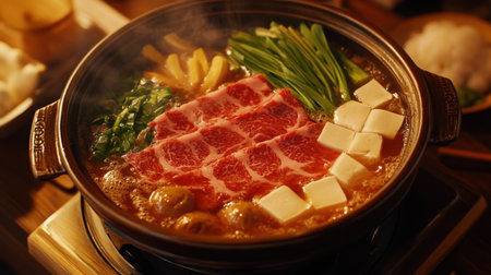 Enjoy a warm and inviting shabu shabu hotpot meal, featuring thin slices of beef and fresh vegetables simmering in rich broth, perfect for sharing.の素材