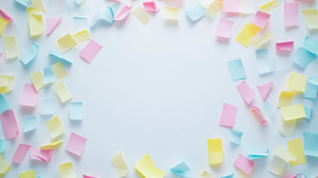 A vibrant arrangement of multicolored sticky notes on a blank background, perfect for creative projects, note-taking, or adding a cheerful touch to any workspace.の素材