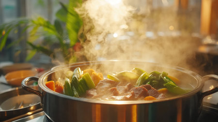Enjoy a steaming hotpot filled with colorful vegetables and savory broth, perfect for communal dining and delicious culinary experiences.の素材