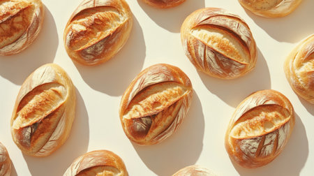 A stunning collection of freshly baked bread loaves showcasing their golden crust and inviting texture. Perfect for food photography and culinary inspiration.の素材