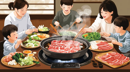 A joyful family gathered around a hot pot meal, enjoying sharing delicious ingredients and laughter together. This vibrant scene captures warmth and togetherness in a cozy setting.の素材