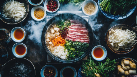 Enjoy a delicious Japanese hotpot filled with fresh ingredients, steam rising from the rich broth. Perfect for gatherings or cozy meals. Experience vibrant flavors!の素材