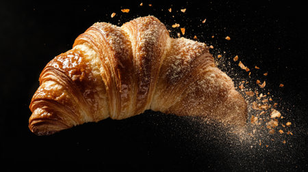 A freshly baked croissant falls against a striking black background, showcasing its flaky layers and delightful texture, perfect for culinary-themed visuals.の素材
