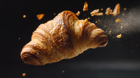 A beautifully flaky croissant is captured mid-air, showcasing its delightful layers and crisp texture. Perfect for enticing food-related projects or culinary presentations.の素材