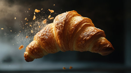 A freshly baked croissant gracefully soaring through the air, showcasing its flaky texture and golden crust. Perfect for food lovers and culinary enthusiasts.の素材