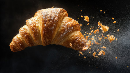 A beautifully captured flaky croissant mid-air, scattering crumbs. The image highlights its texture and golden color, perfect for food lovers.の素材