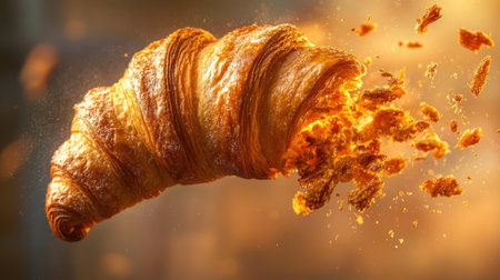 A vibrant and fresh golden croissant crumbles, showcasing its flaky and airy texture. Perfect for breakfast or a snack, it exudes deliciousness!の素材