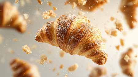 Experience the delightful sight of freshly baked croissants soaring through the air, showcasing their flaky layers and sweet appeal. Perfect for breakfast or a snack!の素材