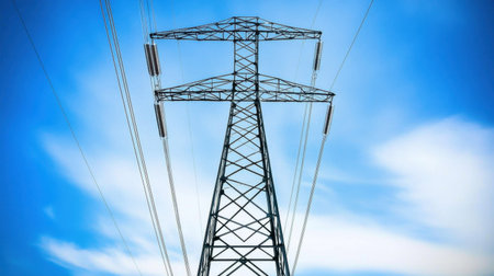 A striking image of a tall metal powerline pylon standing against a bright blue sky. It symbolizes the infrastructure for high voltage electricity transmission.の素材