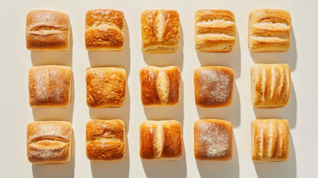 A collection of freshly baked neat bread loaves arranged in rows, showcasing their golden crust and appealing texture, perfect for culinary presentations.の素材