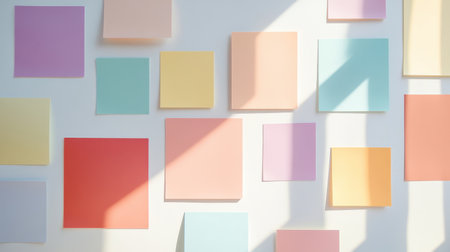 A vibrant arrangement of brightly colored sticky notes on a clean white background. Ideal for themes of organization, creativity, and office decor.の素材