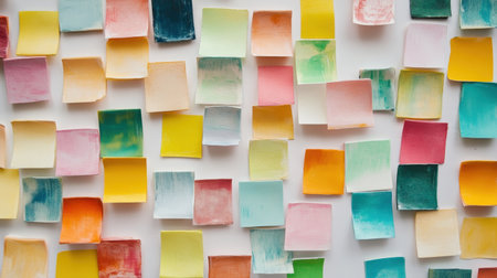 This vibrant image showcases a neat arrangement of colorful sticky notes in various shades, perfect for a dynamic office or creative workspace aesthetic.の素材