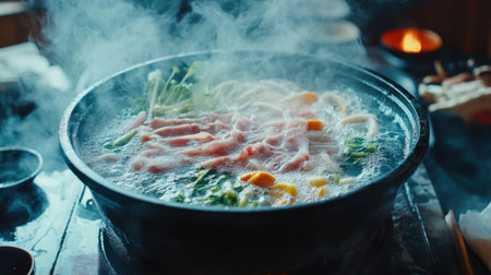 Enjoy a vibrant scene of a sizzling Japanese hotpot filled with thinly sliced meat and fresh vegetables, creating a warm and inviting dining experience.の素材