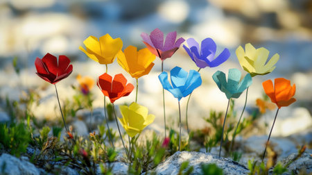 A captivating display of colorful paper flowers set against a natural background, perfect for artistic projects, decorations, or spring-themed events.の素材
