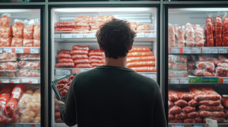A shopper stands in front of a refrigerator, selecting fresh sausages. The scene captures the essence of grocery shopping and the joy of choosing high-quality meats.の素材