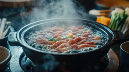 Experience the delight of a steaming Japanese hotpot filled with thinly sliced meat and fresh ingredients, perfect for a cozy dining experience.の素材