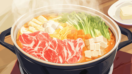 Enjoy a cozy Japanese hotpot featuring a rich broth brimming with fresh vegetables, tender meat, and delightful flavors, perfect for a shared meal.の素材