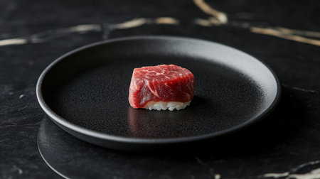 A stunning presentation of a single piece of wagyu sushi on a minimalist black plate, showcasing the luxurious quality of this exquisite gourmet dish.の素材