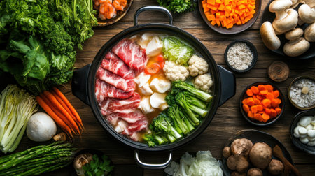 Enjoy a mouthwatering Japanese hotpot filled with thinly sliced beef and fresh vegetables, perfect for a comforting and communal dining experience.の素材