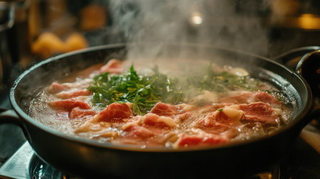 Enjoy a steaming hotpot filled with thinly sliced meat and fresh vegetables, showcasing the warmth and flavors of traditional Japanese cuisine. Perfect for sharing.の素材