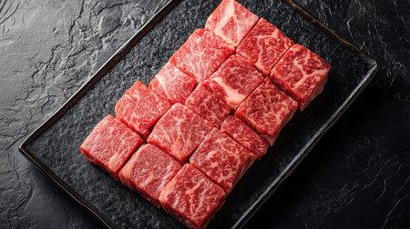 This image showcases a stunning top-down view of premium wagyu sushi pieces arranged meticulously on a black plate, highlighting the rich marbling and vibrant colors.の素材