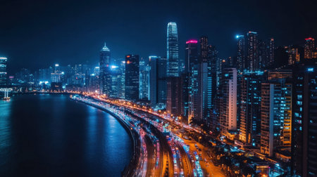 Experience a stunning night cityscape with vibrant lights reflecting on the water. This urban view showcases modern architecture amidst a dynamic atmosphere.の素材