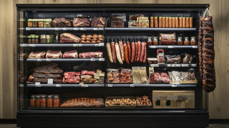 A well-organized display featuring a variety of fresh meats, including steaks and sausages, ideal for culinary enthusiasts and home cooks looking for quality ingredients.の素材