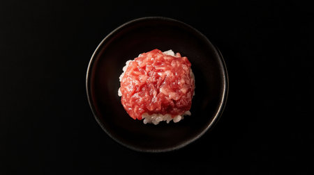 Capture a stunning top down shot of rich marbled wagyu sushi, showcasing its tender texture and vibrant color, perfect for gourmet food enthusiasts.の素材