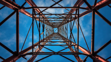 A striking view of a steel pylon reaching towards a vibrant blue sky. This image captures the intricate design and engineering of high voltage structures, highlighting their role in energy transmission.の素材