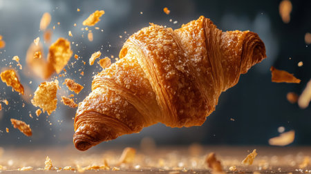 A captivating image of a croissant breaking apart mid air, showcasing its flaky layers and crispy texture. Perfect for food photography enthusiasts.の素材