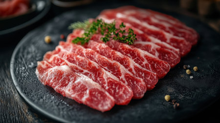 Discover the elegance of thinly sliced wagyu beef, perfect for sushi. This close-up captures the rich marbling and vibrant color, showcasing gourmet culinary art.の素材