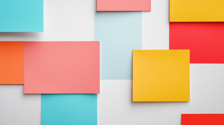 A vibrant arrangement of sticky notes in various colors against a clean white background, perfect for showcasing creativity and organization in a workspace.の素材