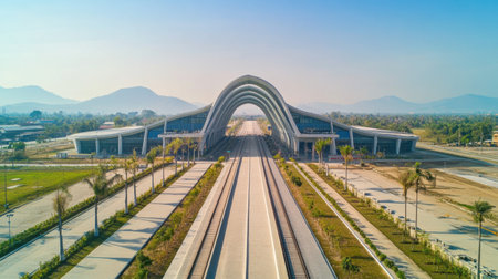 This aerial shot showcases the newly built Lao-China railway station, highlighting its modern architecture and tranquil landscape.の素材