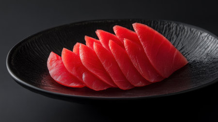 Indulge in exquisite tuna sashimi slices arranged beautifully on a sleek plate. This vibrant dish showcases the fresh, raw texture of premium seafood, perfect for culinary enthusiasts.の素材