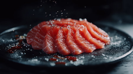 A striking presentation of fresh tuna sashimi slices on a black plate, enhanced with elegant garnishes, ideal for culinary and dining visuals.の素材