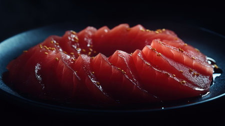 Bright and visually appealing tuna sashimi slices elegantly arranged on a dark plate, showcasing freshness and culinary artistry perfect for gourmet presentations.の素材