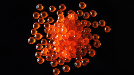 This captivating stock photo features a cluster of vibrant orange bubbles against a striking black background, offering a stunning visual effect perfect for artistic projects.の素材