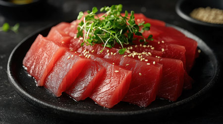 Discover an elegant presentation of sashimi tuna, beautifully arranged on a dark plate. This fresh seafood dish showcases vibrant colors and textures, perfect for a gourmet dining experience.の素材