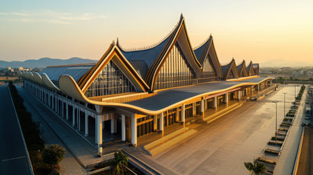 A stunning view of the new medium speed train station in Vientiane, showcasing modern architecture with elegant roofing. Ideal for travel and transportation themes.の素材