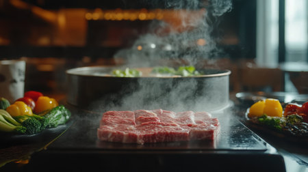 A tantalizing view of thinly sliced wagyu beef sizzling on a hot grill, surrounded by a variety of fresh vegetables, creating an enticing culinary experience.の素材
